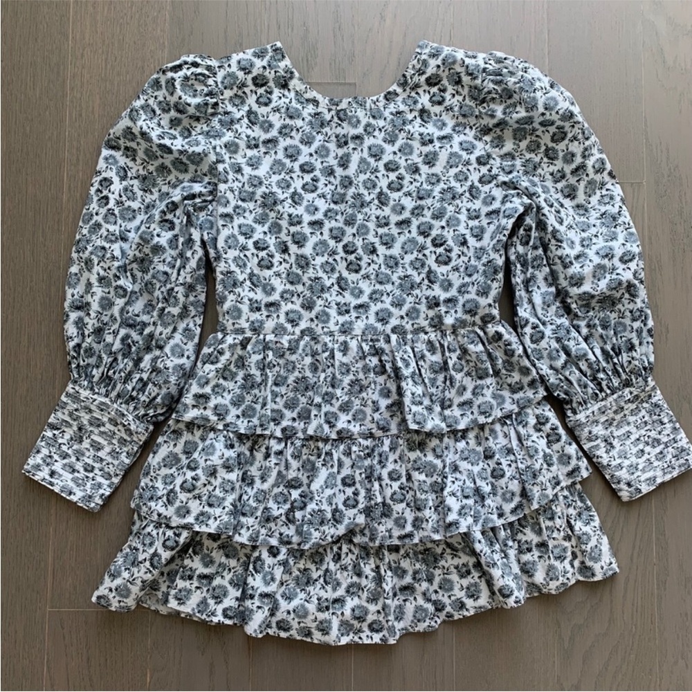 LoveShackFancy Paris Grey Floral Ruffle Tiered Long Puff Sleeve Mini Dress Sz 6 - Picture 14 of 15